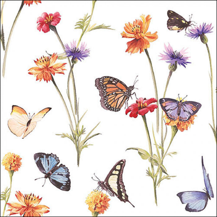 Tecido branco com estampado de flores coloridas e borboletas coloridas