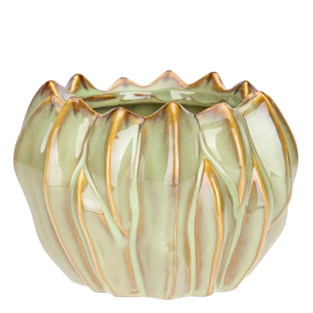 Vaso de cerâmica verde com bordas onduladas marrom dourado