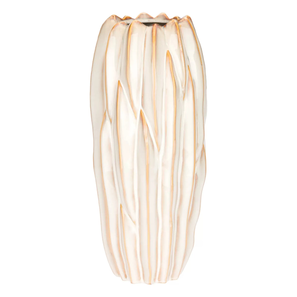 Vaso de cerâmica branco com detalhes castanhos e superfície brilhante