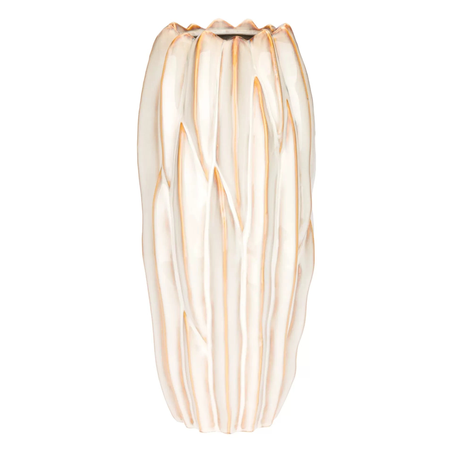 Vaso de cerâmica branco com detalhes castanhos e superfície brilhante