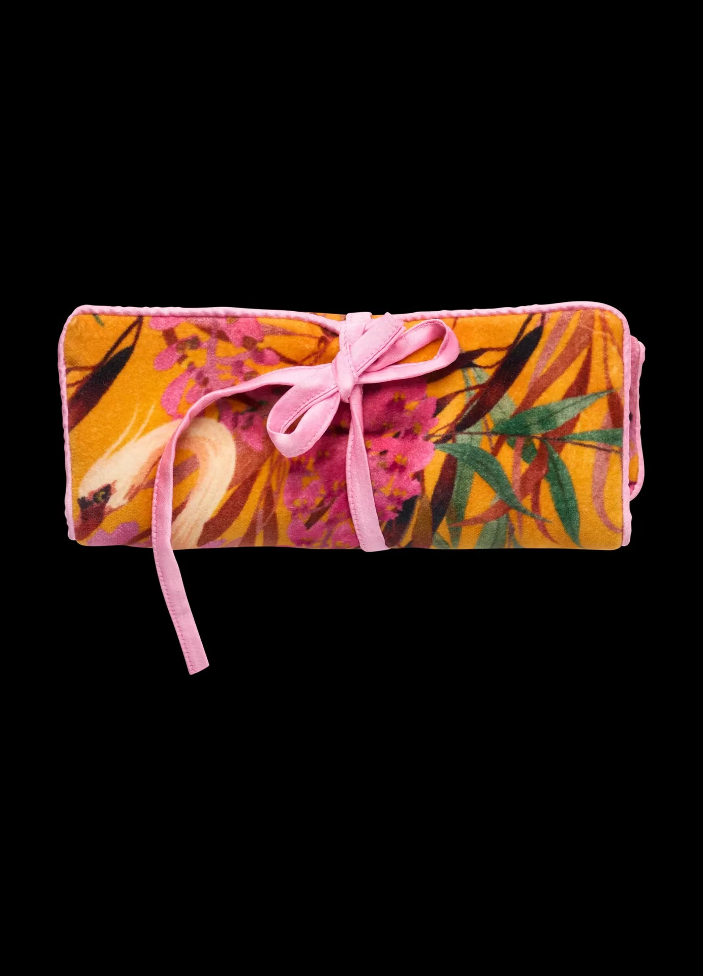 Estojo enrolável colorido com padrão floral e laço rosa