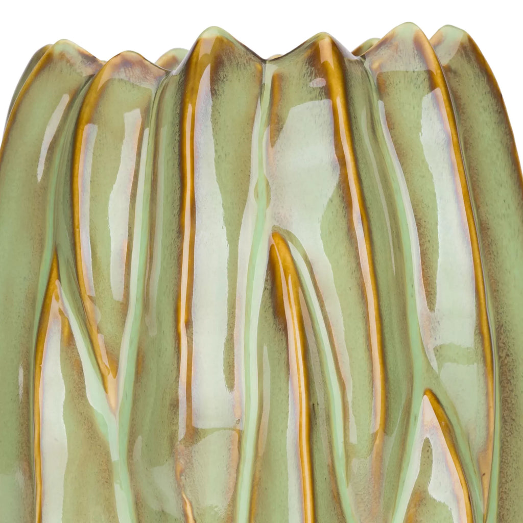 Vaso cerâmico verde com textura ondulada castanha