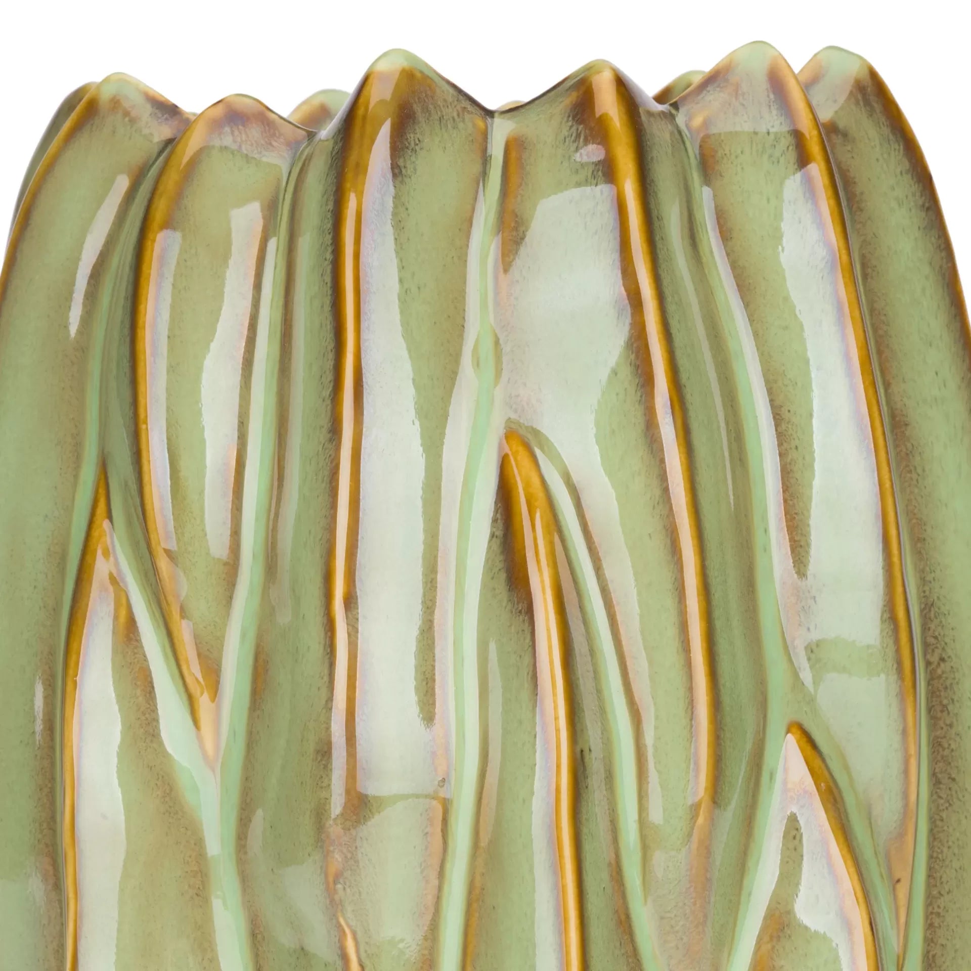 Vaso cerâmico verde com textura ondulada castanha
