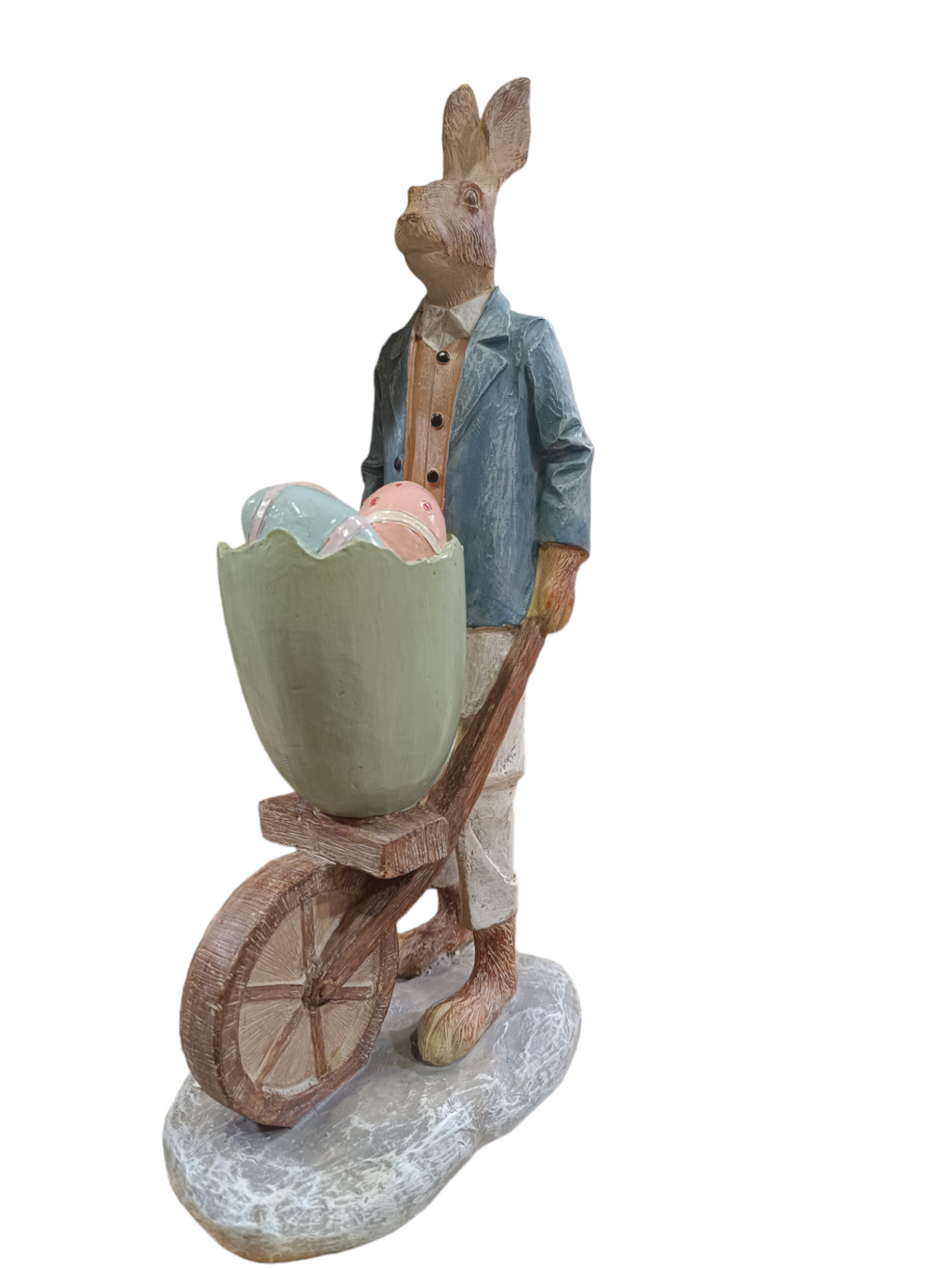 Estátua de coelho a empurrar carriola com ovos coloridos