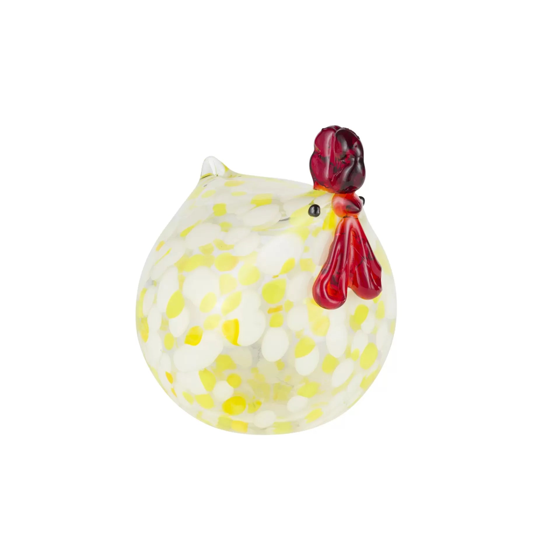 Figura de galinha em vidro branco e amarelo com crista vermelha