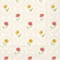 Papel de parede decorativo com flores amarelas, laranja e vermelhas em fundo bege claro.