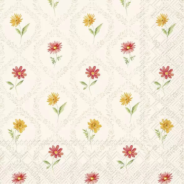 Papel de parede decorativo com flores amarelas, laranja e vermelhas em fundo bege claro.