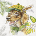 Ilustração de cão com boné e cachecol ao ar livre