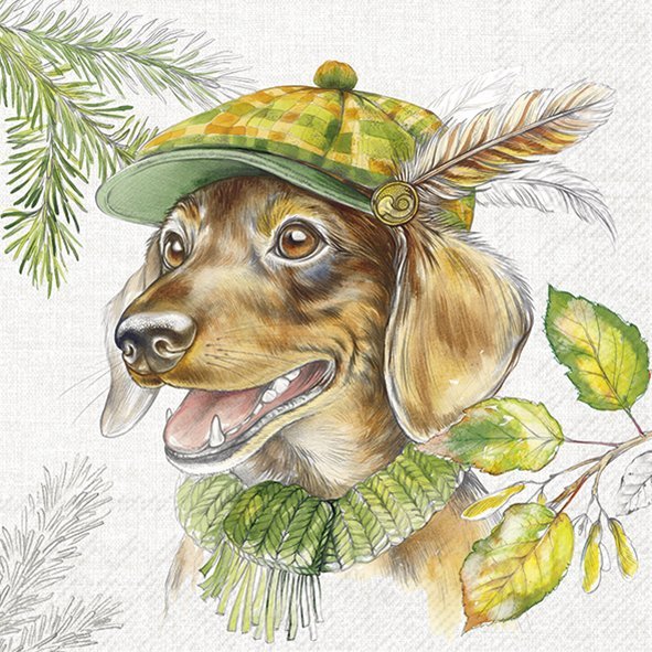 Ilustração de cão com boné e cachecol ao ar livre