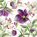 Padrão floral em tons de roxo, verde e vermelho com flores e bagas sobre fundo branco