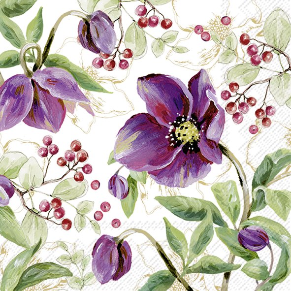 Padrão floral em tons de roxo, verde e vermelho com flores e bagas sobre fundo branco
