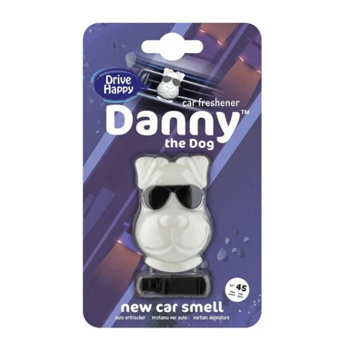 Ambientador para carro Danny the Dog em plástico branco com óculos pretos na embalagem azul