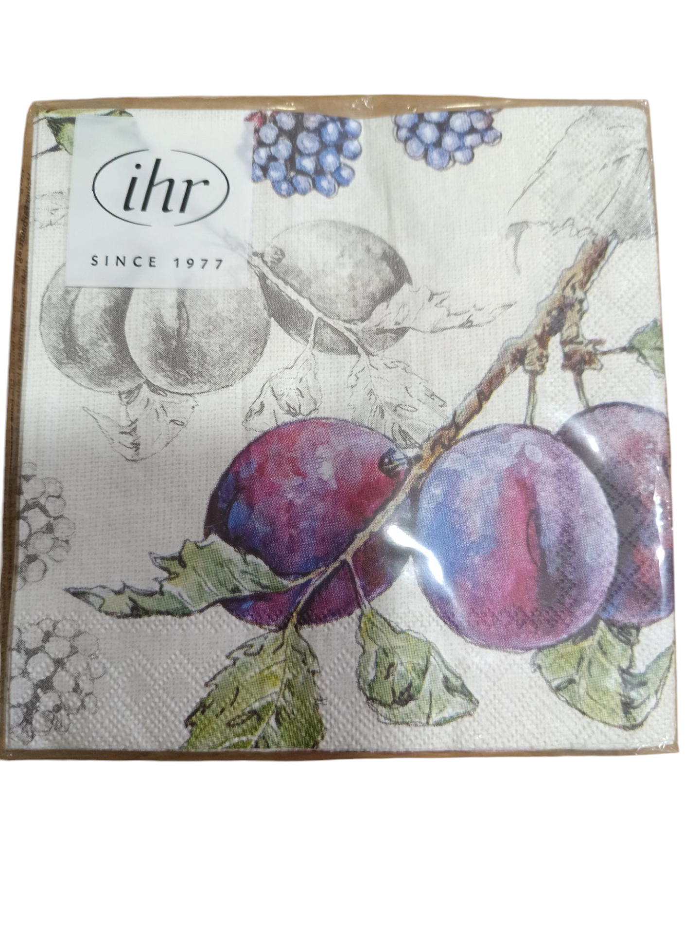 Guardanapo de papel com estampado de frutos e marca ihr