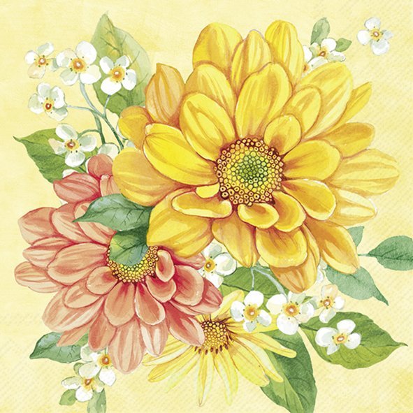 Ilustração de flores amarelas, cor-de-rosa e brancas com folhas verdes