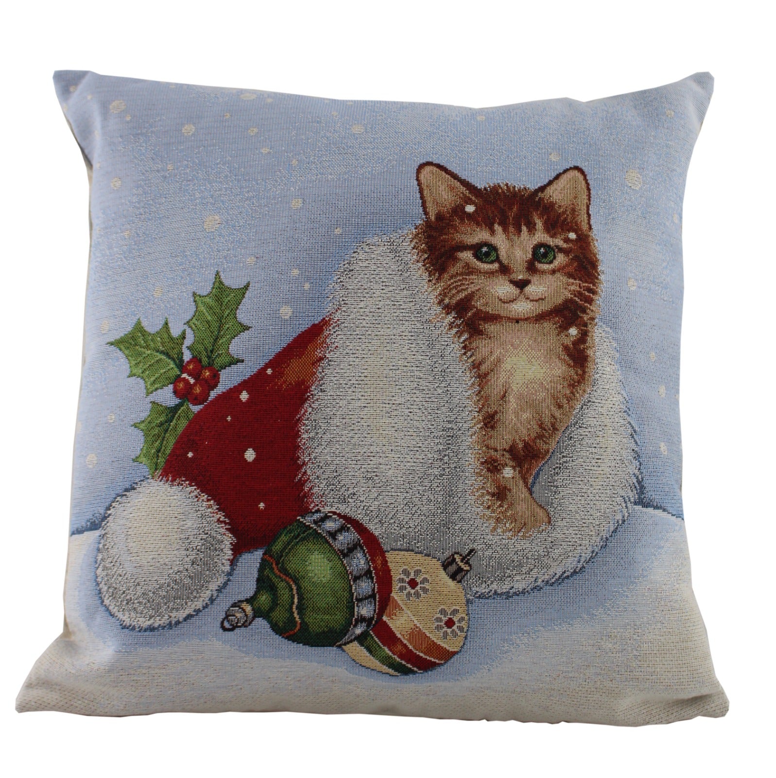 Almofada com estampa natalícia de gato dentro de gorro de Natal