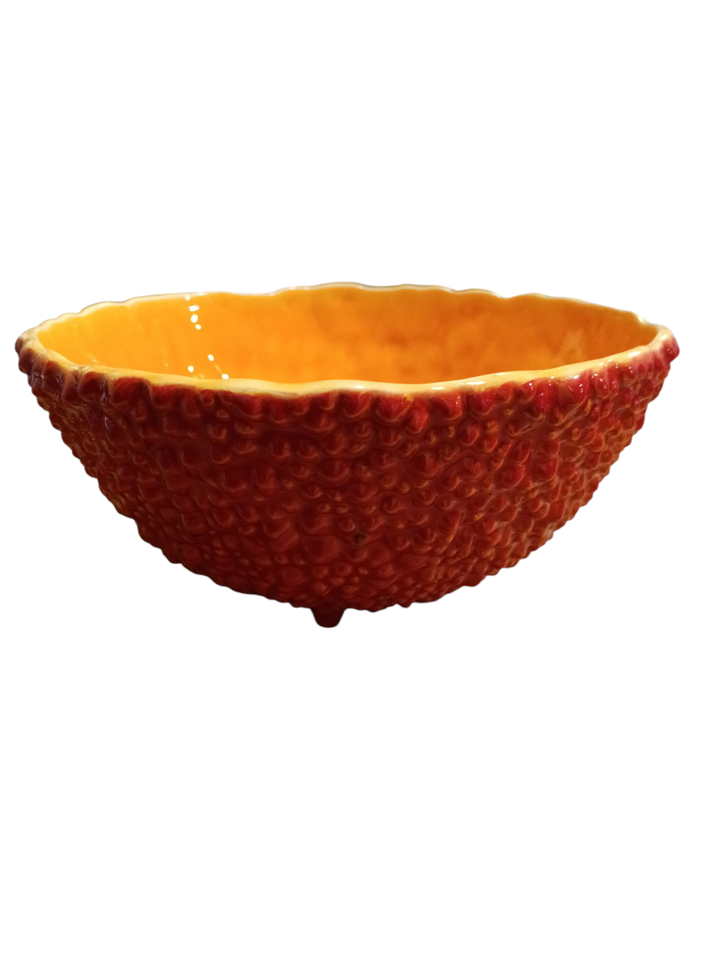 Taça de cerâmica texturizada vermelha e interior amarelo