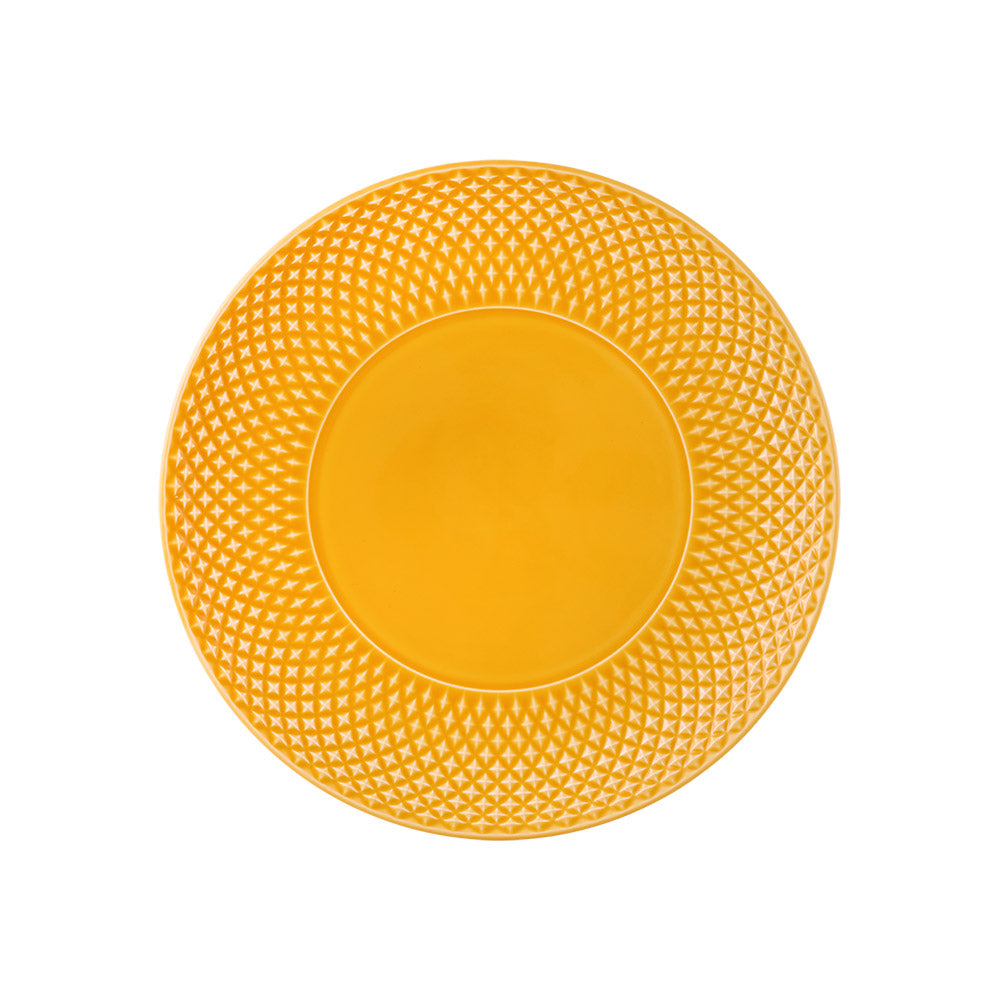 Prato amarelo de cerâmica com textura triangular em relevo na borda