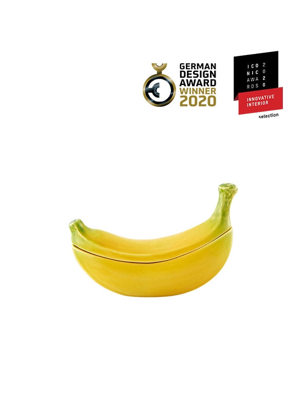 Caixa decorativa amarela em forma de banana com prémios de design
