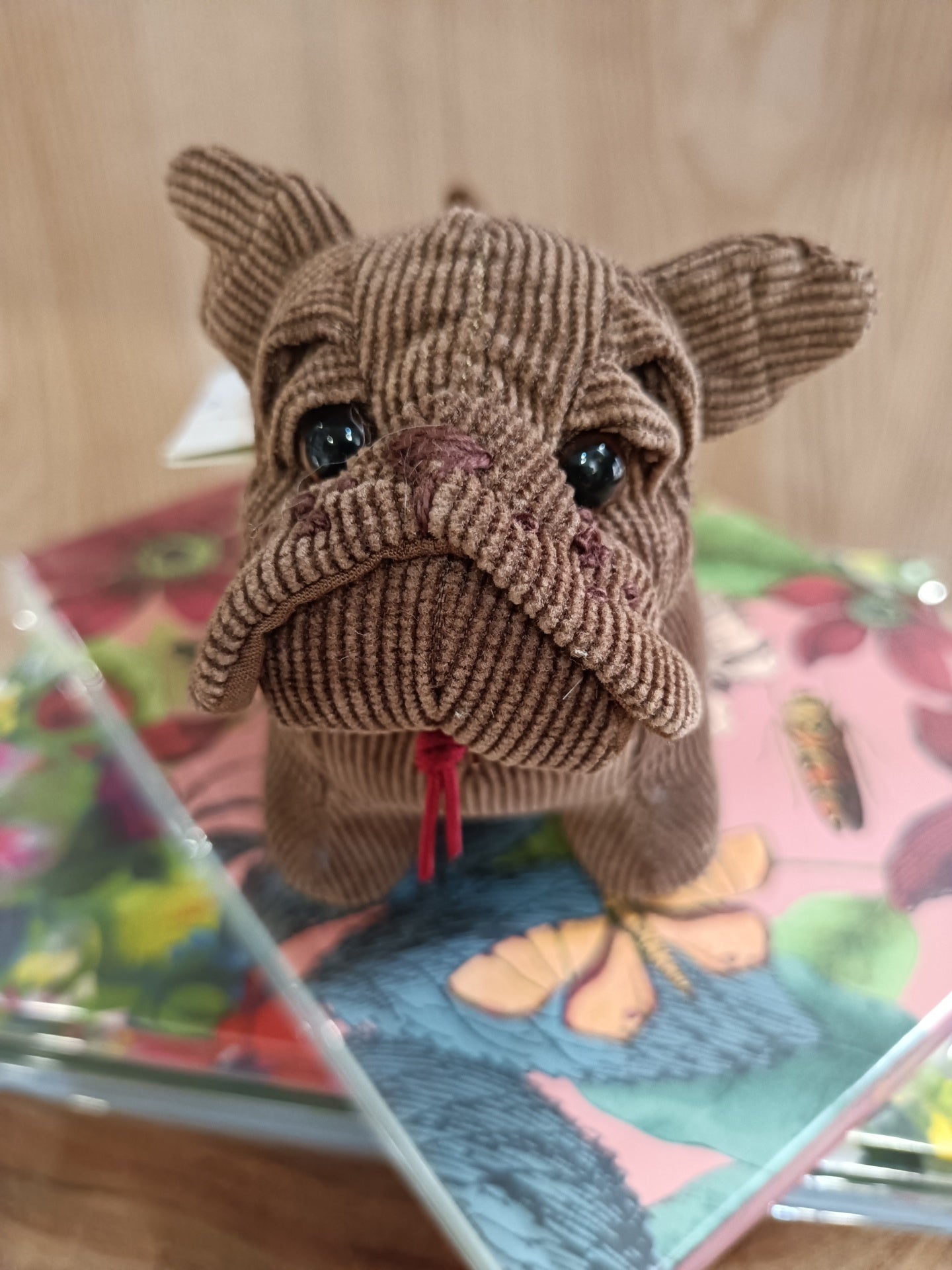 Boneco bulldog de tecido canelado castanho sobre caixa floral colorida