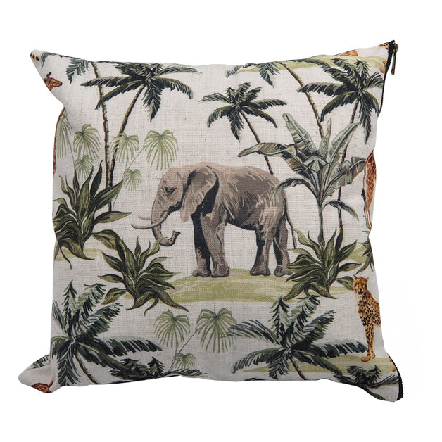 almofada quadrada com elefante e padrão de plantas tropicais