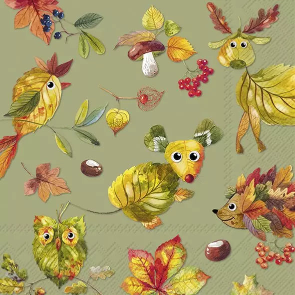 Ilustração colorida de animais feitos com folhas e frutos de outono sobre fundo verde