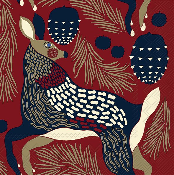 Ilustração estilizada de veado com padrões geométricos em fundo vermelho com folhas e pinhas