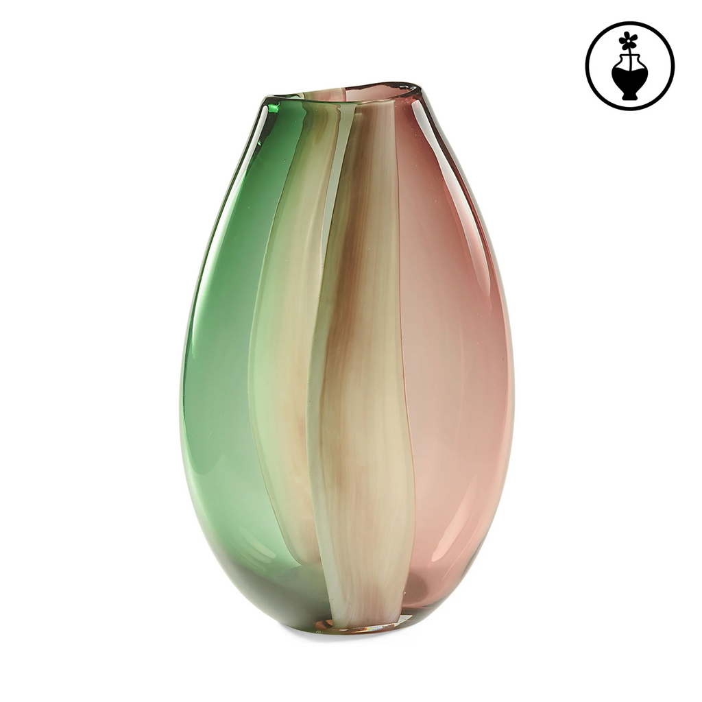 Vaso de vidro com padrão de mistura de cores verde, bege e rosa