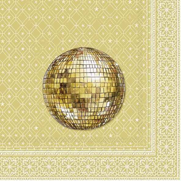 Guardanapo amarelo com padrão branco e globo espelhado dourado