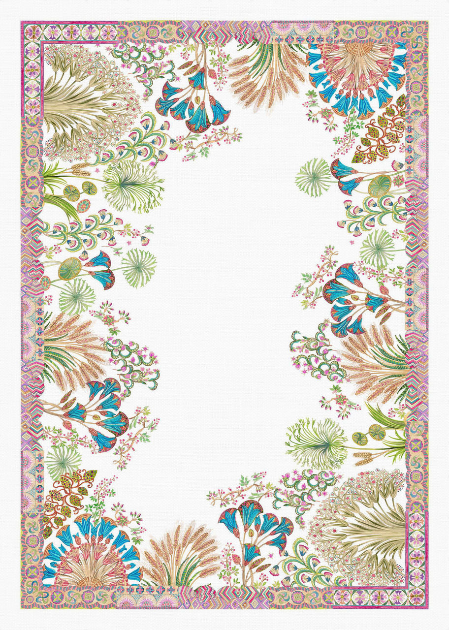 Toalha com padrão floral colorido e moldura decorativa