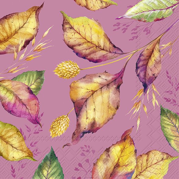 Padrão com folhas aquareladas amarelas, verdes e roxas em fundo rosa