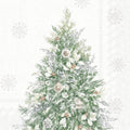 Árvore de Natal decorada com flores brancas e folhas verdes, sobre fundo branco com flocos de neve.