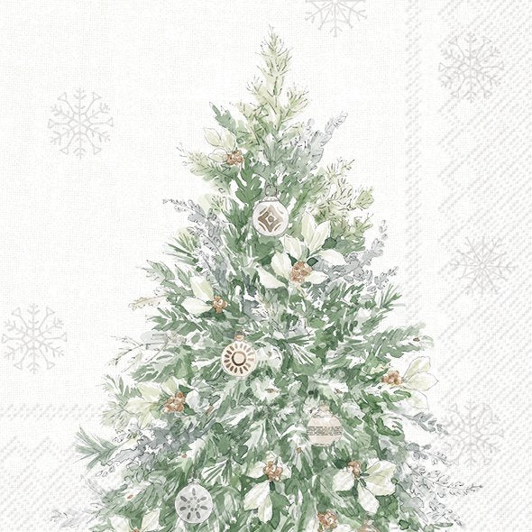 Árvore de Natal decorada com flores brancas e folhas verdes, sobre fundo branco com flocos de neve.