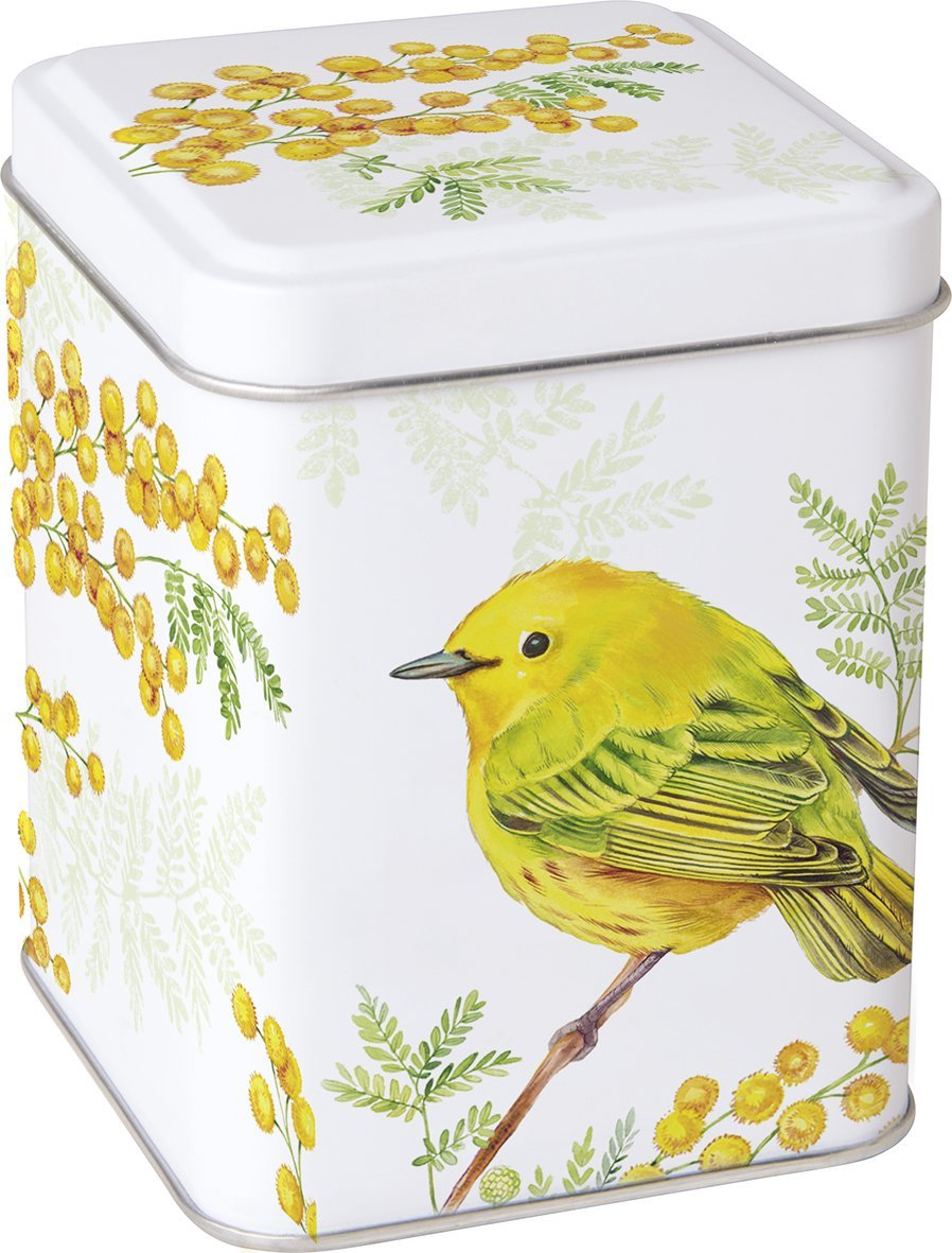 Lata quadrada branca com ilustração de pássaro amarelo e folhas verdes com bagas amarelas