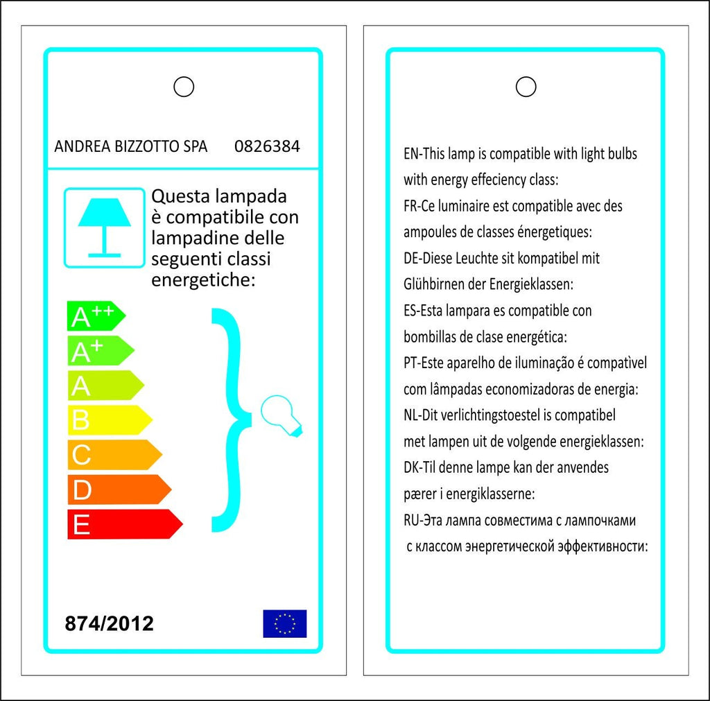 Etiqueta energética para lâmpada Andrea Bizzotto SPA com classes de eficiência energética e texto multilíngue