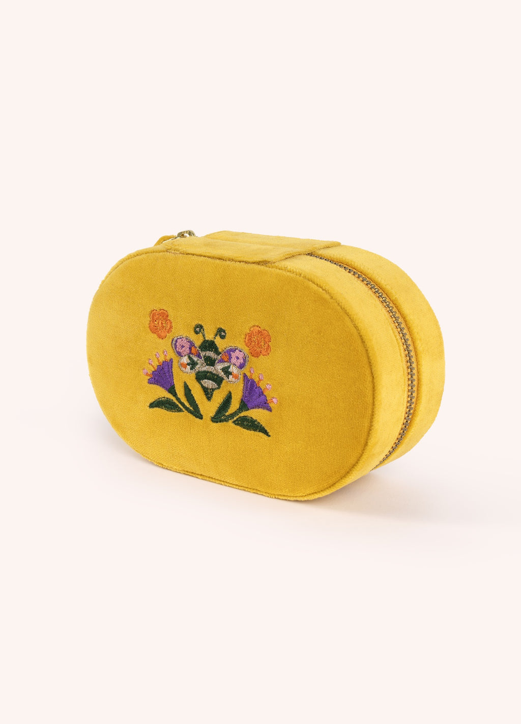 Necessaire oval amarela com bordado colorido de abelha e flores