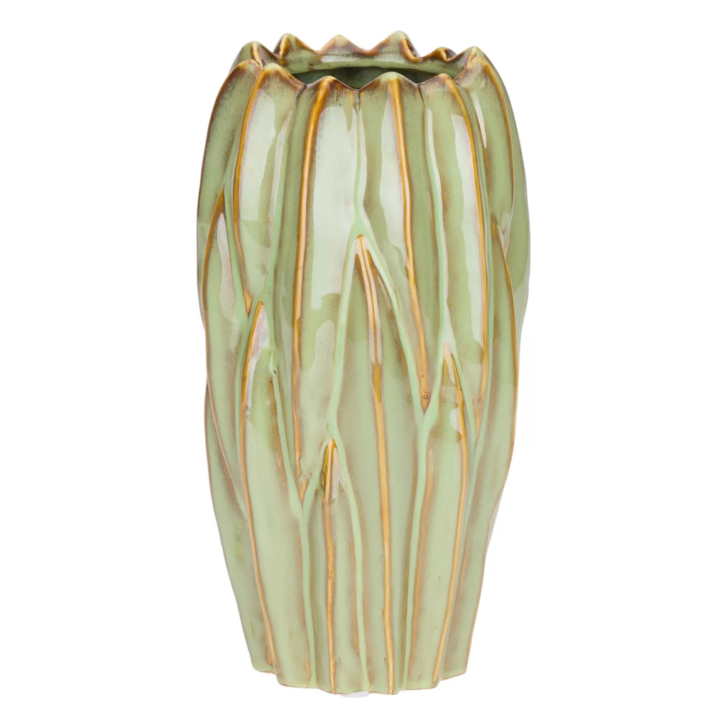 Vaso de cerâmica verde claro com detalhes dourados