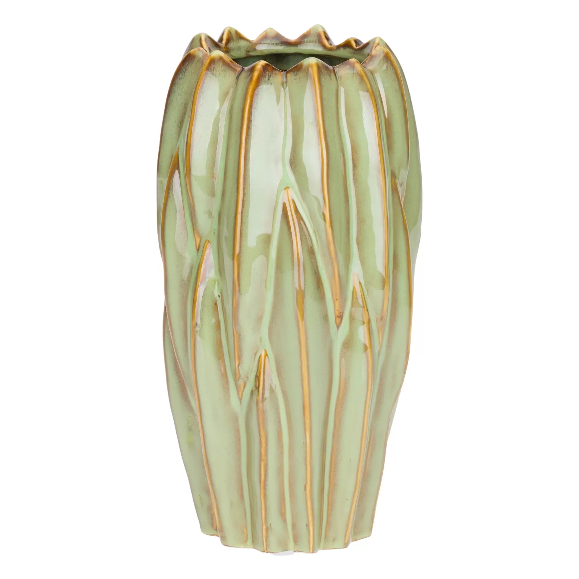 Vaso de cerâmica verde claro com detalhes dourados