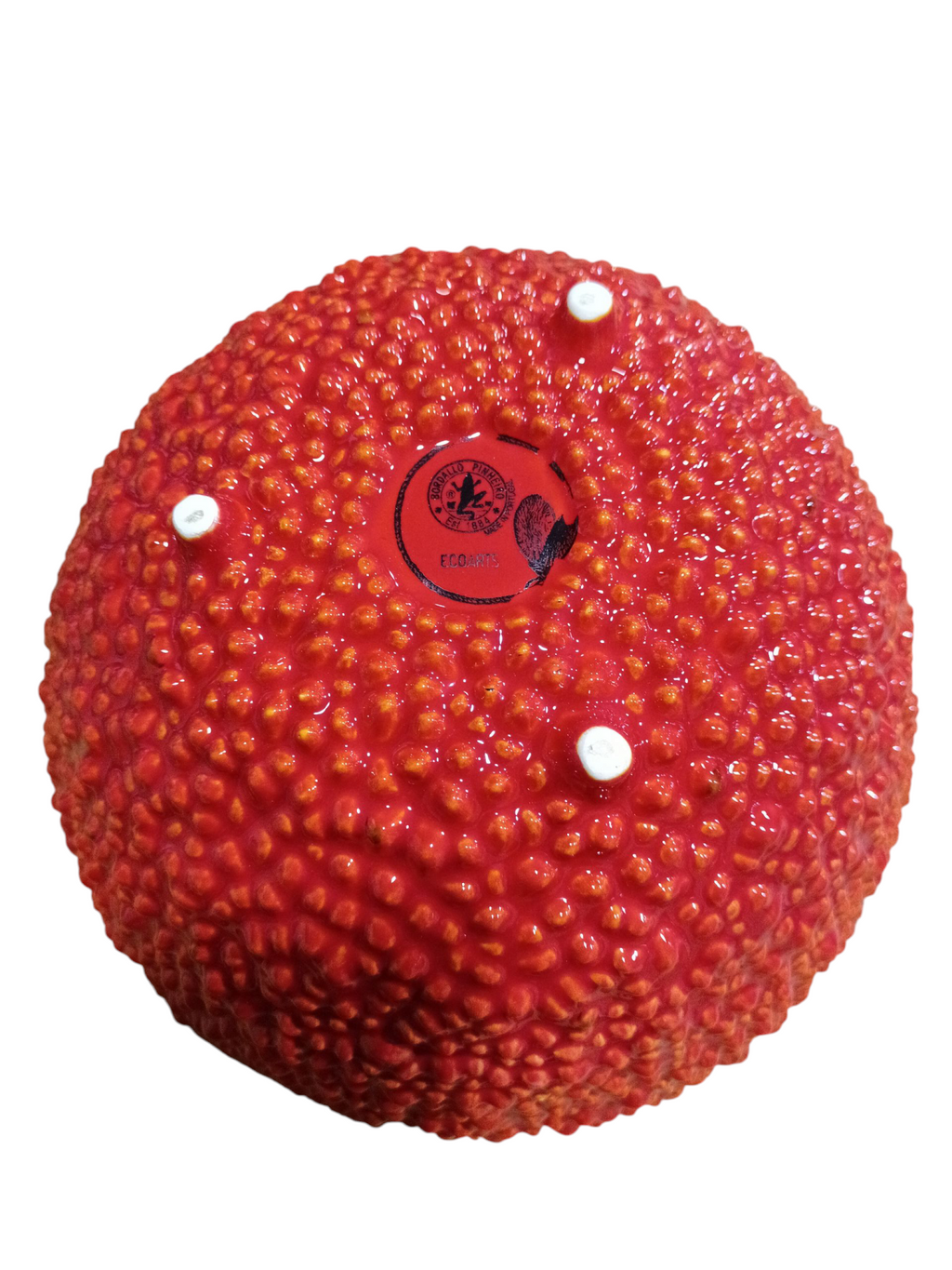 Fruto vermelho arredondado com textura irregular e etiqueta central vermelha