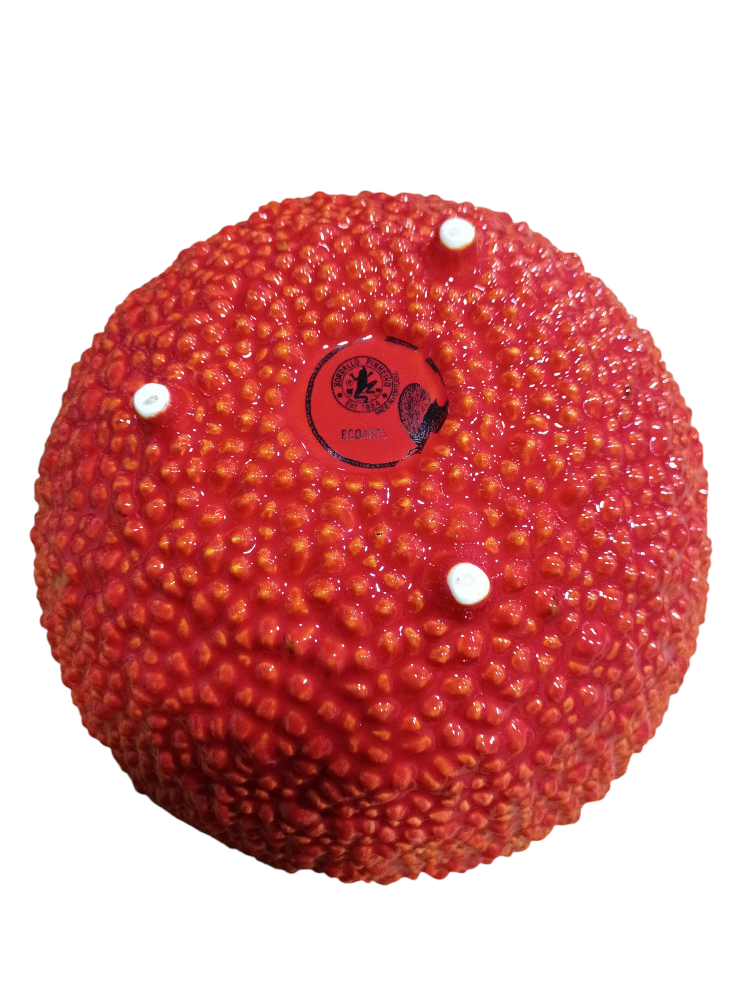 Fruto vermelho arredondado com textura irregular e etiqueta central vermelha