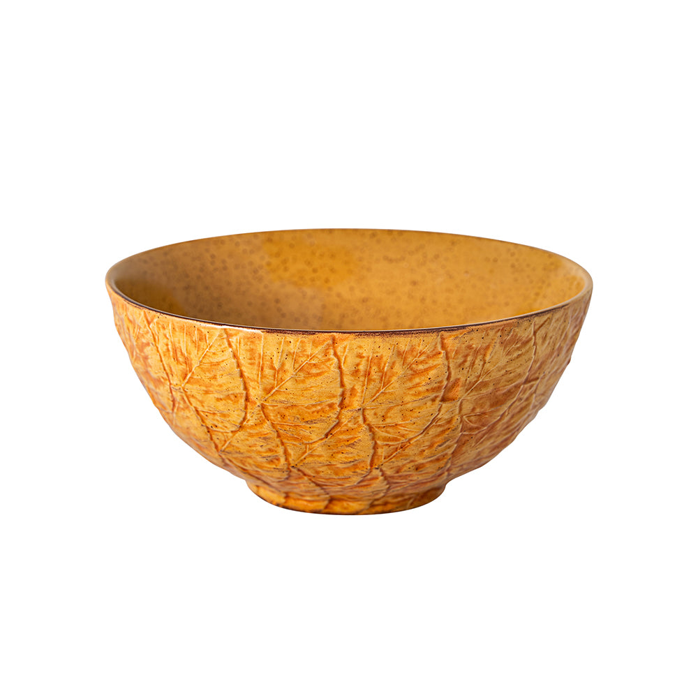 Taça de cerâmica laranja com textura de folhas
