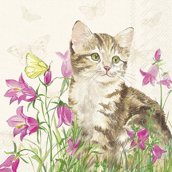 Ilustração aquarela de gato entre flores cor-de-rosa e borboleta amarela